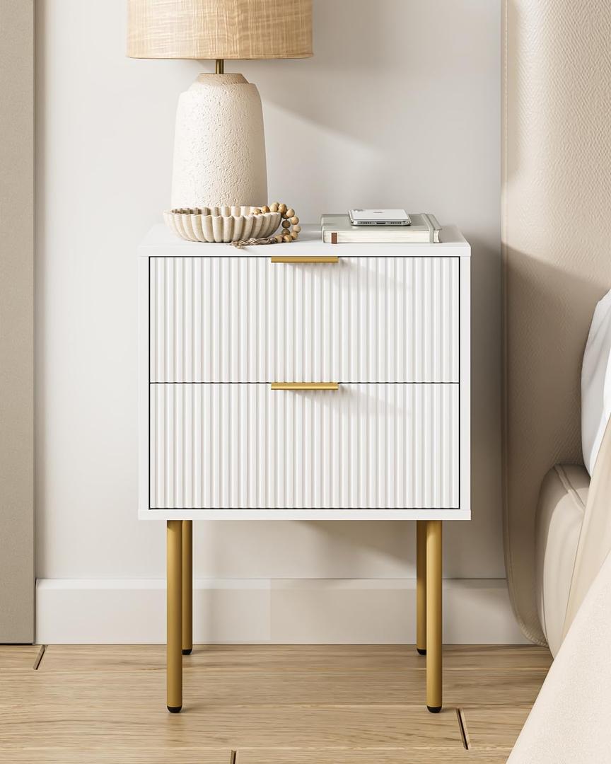Nightstand,Morden Bedside Table with Gold Frame,Small White Night Stand,End Table,Bedside Furniture,Side Table with 2Drawers for Bedroom,Living Room