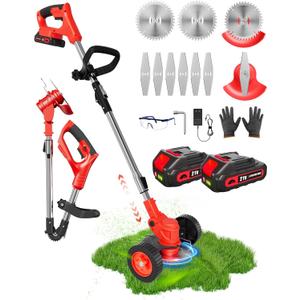 21V Cordless Weed Wacker Battery Operated, 2 X 2.0Ah Electric Weed Eater Battery Powered, Foldable 3-in-1 Weed Trimmer/Brush Cutter/Lawn Mower with 8 Blades (Stringless) & Removable Wheels