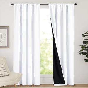 NICETOWN 100% Blackout Curtain Panels, Rod Pocket Window Curtains with Black Liner for Nursery, 84 inches Drop Cold and Full Light Blocking Draperies (White, 2 Pieces, 52 inches Wide Each Panel)