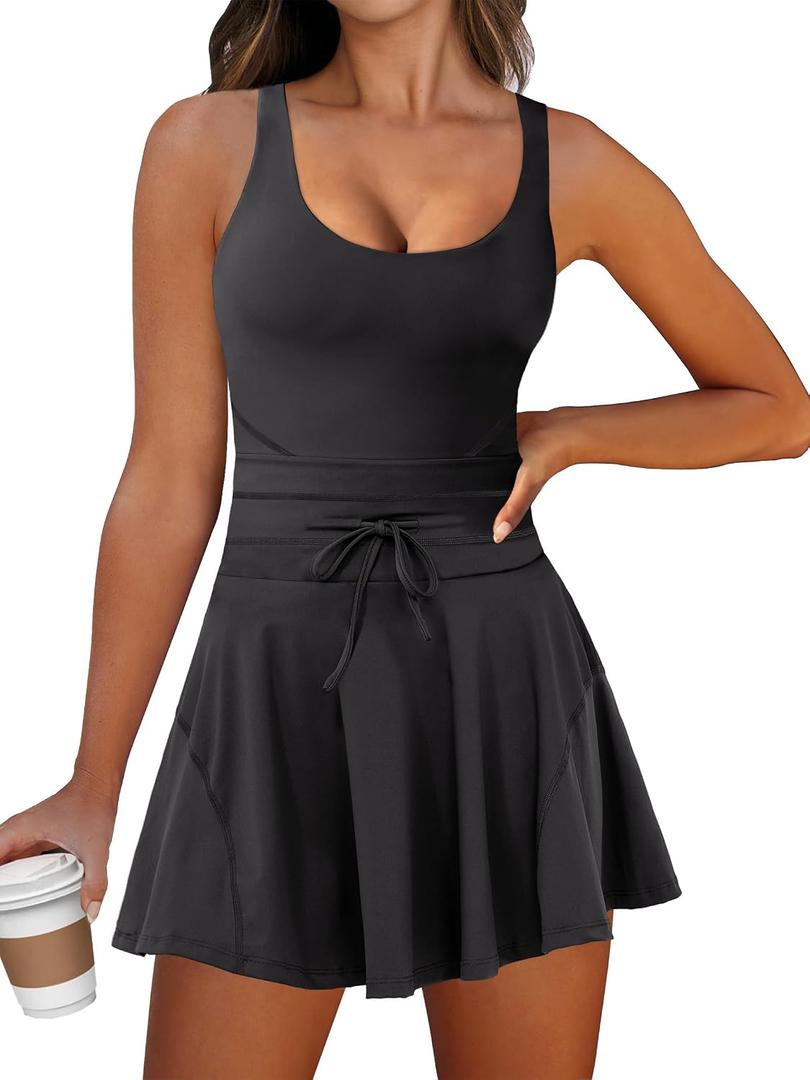 Caracilia Women's Tennis Mini Dresses Workout Built in Shorts Golf Athletic Sleeveless One Piece Summer Active Romper Dress (Black, L)