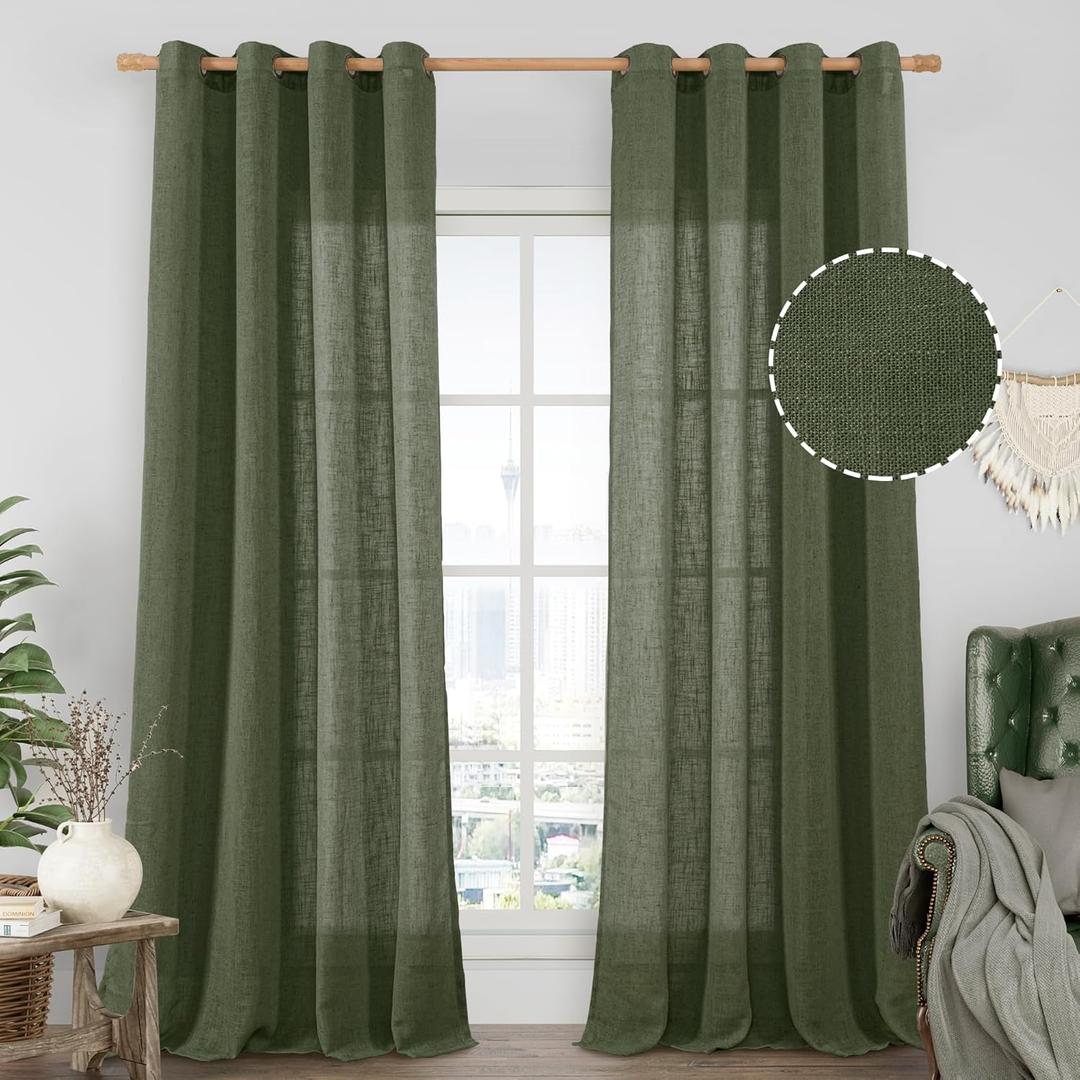 LAMIT Sheer Linen Curtains 102 inches Long, Linen Textured Light Filtering Semi Sheer Bronze Grommet Natural Boho Drapes for Living Room/Farmhouse, 2 Panels, Olive Green, 52 x 102 Inch