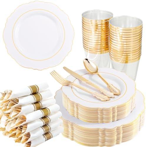 Liacere 350PCS Gold Plastic Plates-Disposable White and Gold Plates 50guest Baroque Plastic Dinnerware include 100Plates, 36Pack Pre Rolled Napkins with Silverware 50Cups for Wedding&New Years