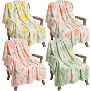 Buryeah 4 Pcs Spring Floral Throw Blankets Flower Flannel Throws Soft Cozy Lightweight Decorative Blankets for Couch Sofa Home Decor Spring Gifts, 40 x 50 Inch