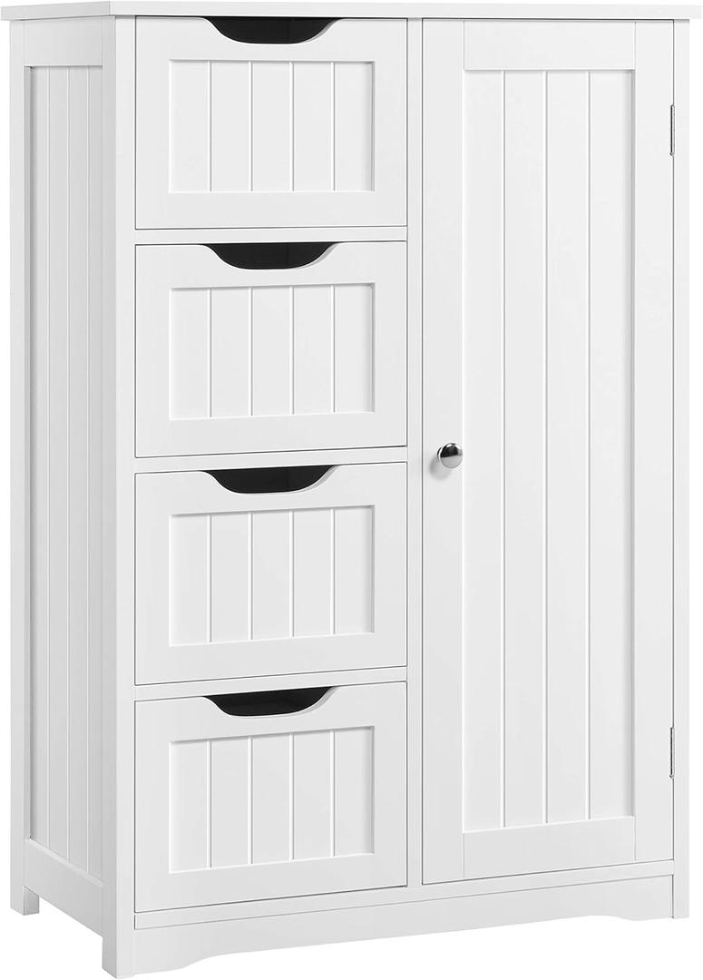 Yaheetech Wooden Floor Cabinet, Side Storage Organizer with 4 Drawers and 1 Cupboard, Freestanding Entryway Storage Unit Console Table, Bathroom Furniture Home Decor, White (22 x 12 x 32.5 In (LxWxH))