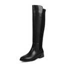 Modatope Black Rounded Toe Flat Knee High Boots Low Heel Elastic PU Leather Riding Boots Fashion Fall Winter Dress Boot Size 9