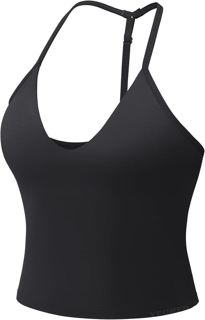 YEOREO Women's Impact Halter Tank Top Strappy Padded Halter Open Back Deep V Neck Built-in Bra Workout Gym Crop Tops (Large, Black)