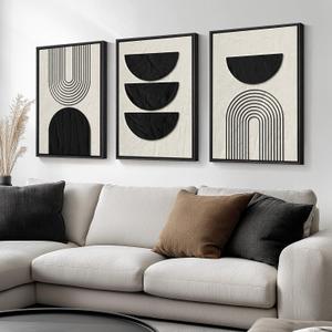 Framed Boho Wall Art for Living Room, Large 3 Piece Neutral Geometric Black and Beige Abstract Pictures Wall Art Decor, Farmhouse Vintage Artwork Home Decor for Hallway Office Guest Room 24x36 Inch, 24" W X 36" H X 3pcs