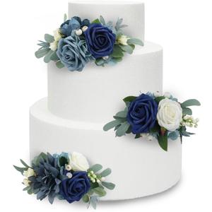 Rinlong 3Pcs Pre-made Cake Toppers Navy Blue Flowers Cake Decorations Wedding Cake Decorating Flowers Decor Birthday Baptism Party Cake Toppers