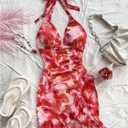 Women's Y2k Floral Print Halter Dress Tie Backless Asymmetrical Ruffle Summer Mini Dresses (Red, S)