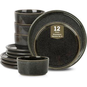 Stone Lain Eden 12-Piece Dinnerware Set Stoneware, Plates and Bowls Set, Dishwasher and Microwave Safe Dish, Dish Set for 4, Charcoal Grey (12-Piece - Service for 4)