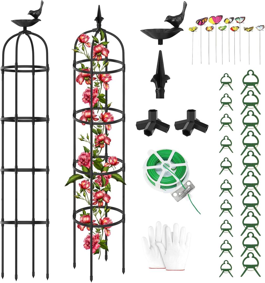 2 Pack Garden Obelisk Trellis for Climbing Plants Outdoor 6.6ft - 78", Rustproof PE Coated Metal Plant Cages & Supports, Heavy Duty Round Garden Trellis for Indoor Flowers, Pots, Vines (Black 01 Obelisk Trellis B [Finial & Bird Drinking])