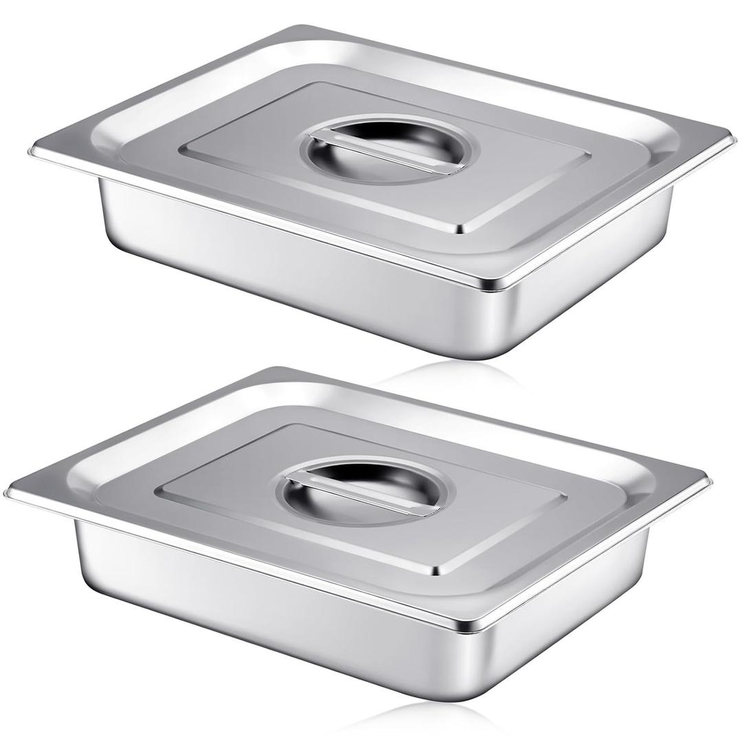 Mifoci Stainless Steam Hotel Pan with Lid, 2-1/2 Inch Deep Steam Table Pan Restaurant Supplies Reusable Anti Rust Catering Storage for Home, Party, Restaurant, Hotel, Buffet(2 Sets,1/2 Size)