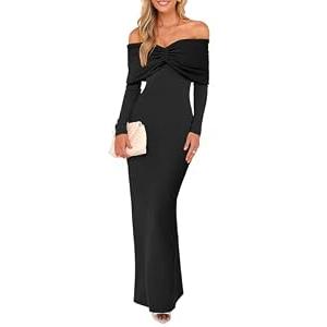 Caracilia Womens Off The Shoulder Bodycon Maxi Dress Fall Sexy Elegant Long Sleeve Ruched Club Party Formal Cocktail Dresses Black Small 