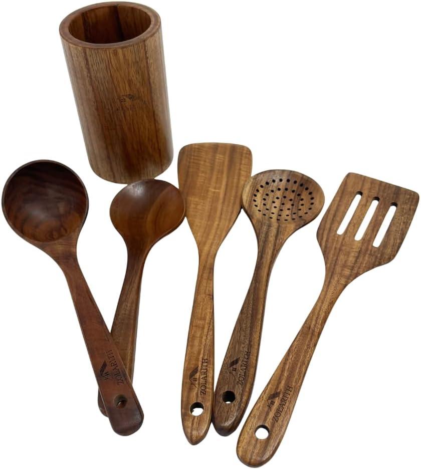 Acacia Wood Kitchen Utensils Set – 6 Piece Wooden Spoons & Spatulas, Heat-Resistant, Eco-Friendly, Safe for Nonstick Cookware