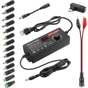 SHNITPWR Adjustable Universal Power Supply DC 4V~24V 3A 5A 6A 144W AC/DC Adapter with USB C Charger PD 100W 100V-240V AC to DC Converter Variable Power Adapter 24V,14 Tips,Alligator Clip Power Cable