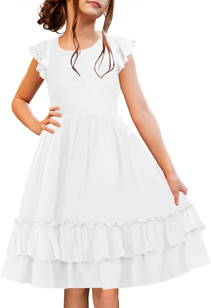 HOSIKA Girls Lace Flower Boho Ruffle Sleeve A-Line Tiered Summer Dress for Wedding Party with Pockets (White)