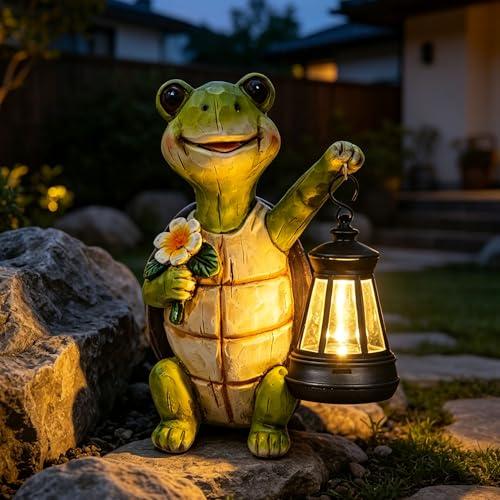 Yewanye Garden Statue Outdoor,Solar Turtle Decor Lights,Resin Figurine Turtle with Solar Light for Patio,Balcony,Yard,Lawn Ornament,Perfect Garden Gift (Turtle 1)