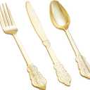 BUCLA 600 Pieces Gold Plastic Silverware - Plastic Gold Utensils - Heavyweight Disposable Cutlery - 200 Forks, 200 Spoons, 200 Knives for Party & Wedding (7.4inch-Silverware Set)
