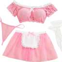Aranmei Lingerie for Women Sexy Lingerie Sets Mini Mesh Skirt with Thong 4 Pieces(with Stockings) (Pink, XL)