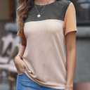BLENCOT Women Tops Color Block Crewneck Casual Oversized Tshirts Knit Summer Tees Blouse S-2XL (Medium, Black Khaki)