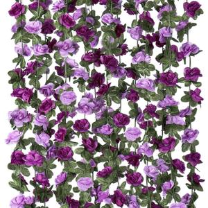 KHOYIME 5 Pack 40 FT Artificial Flower Garland, Fake Purple Roses Vines Silk Flowers Faux Plastic Outdoor Hanging Floral Ivy Garland Decoration for Wedding Arch Bedroom Home Wall Backdrop Room Decor