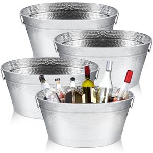 Uiifan 4 Pcs 24 Quart 6 Gallon Hammered Stainless Steel Beverage Tub Heavy Duty Metal Large Ice Bucket for Drinks Bucket Cooler Ice Container for Bar Wedding Parties (Oval,Silver)