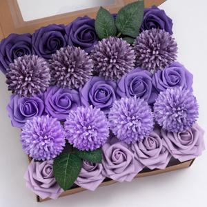 BSMYBO Purple Flower Artificial Roses Faux Flowers with Stems Mix Fake Roses Dahlia Chrysanthemum Ball for Wedding Bridal Bouquets, Table Centerpieces, Baby Shower, Party, Home Decorations
