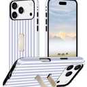 Jusy Stripes Phone Case Compatible with iPhone 17 Pro Max, with Finger Hand Strap Kickstand Shockproof Soft TPU Protective Cover for Women Girls, Blue and White