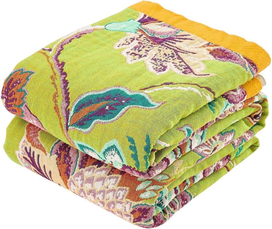 Fall Throw Blanket, 100% Cotton Soft Rustic Boho Throw Blanket for Bed, 50"x60" Farmhouse Decor Bed Flower Blankets, Light Weight Reversible Bohemian Throw Quilt