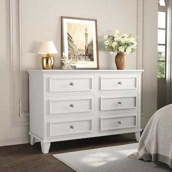 Garvee Farmhouse Dresser for Bedroom with 6 Drawer Double Dresser TV Stand with Vintage Handle Wide Wood Dressers Chests of Drawers 6 Drawer Dressers for Bedroom Living Room Hallway-White