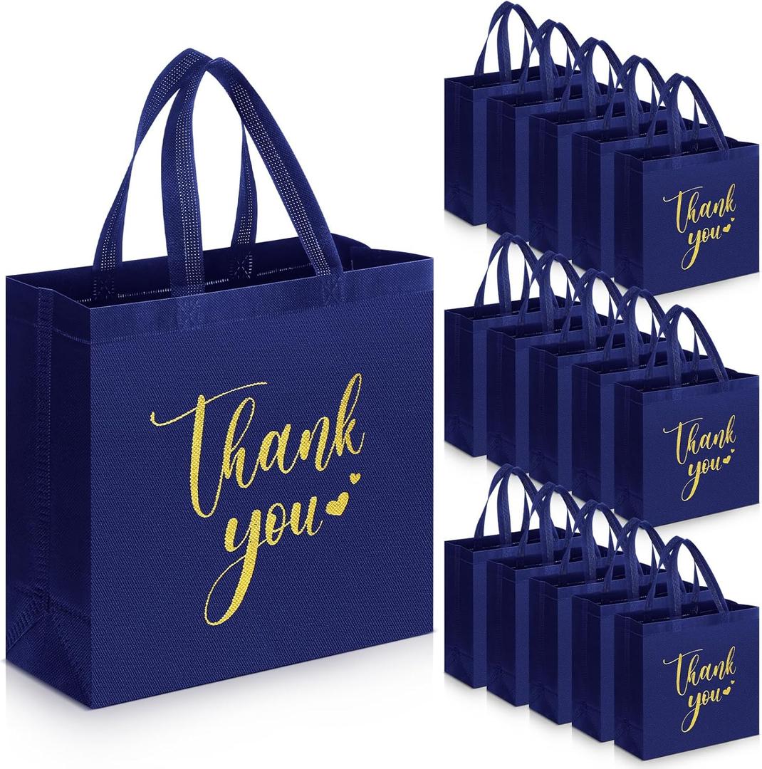 Sweetude 30 Pcs Thank You Gift Bags with Handles Bulk Reusable Goodie Bag Non Woven Foldable Handbag for Christmas Wedding Bridesmaid Gifts(11 x 12 x 5 Inch,Navy Blue)