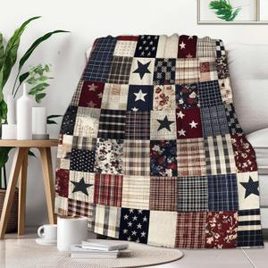 Printed Faux Patchwork Americana Throw Blanket | Faux Quilt Look | Country Farmhouse Fleece Gifts for Women and Men | Rustic Home Decor for Couch and Bed | 40x50 inches