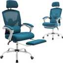 DUMOS Home Office Desk Chair with Footrest, High-Back Mesh Rolling Swivel Reclining Chairs with Wheels, Comfortable Headrest, Lumbar Support, Comfy Arms for Home, Office, Gaming, Student, Elegant Blue