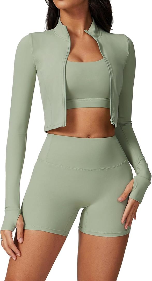 Womens Workout Sets 3 Piece Seamless Shorts Crop Top Long Sleeve Jacket Gym Yoga Outfit Sports Bra Set Running Clothes (Medium, Green)