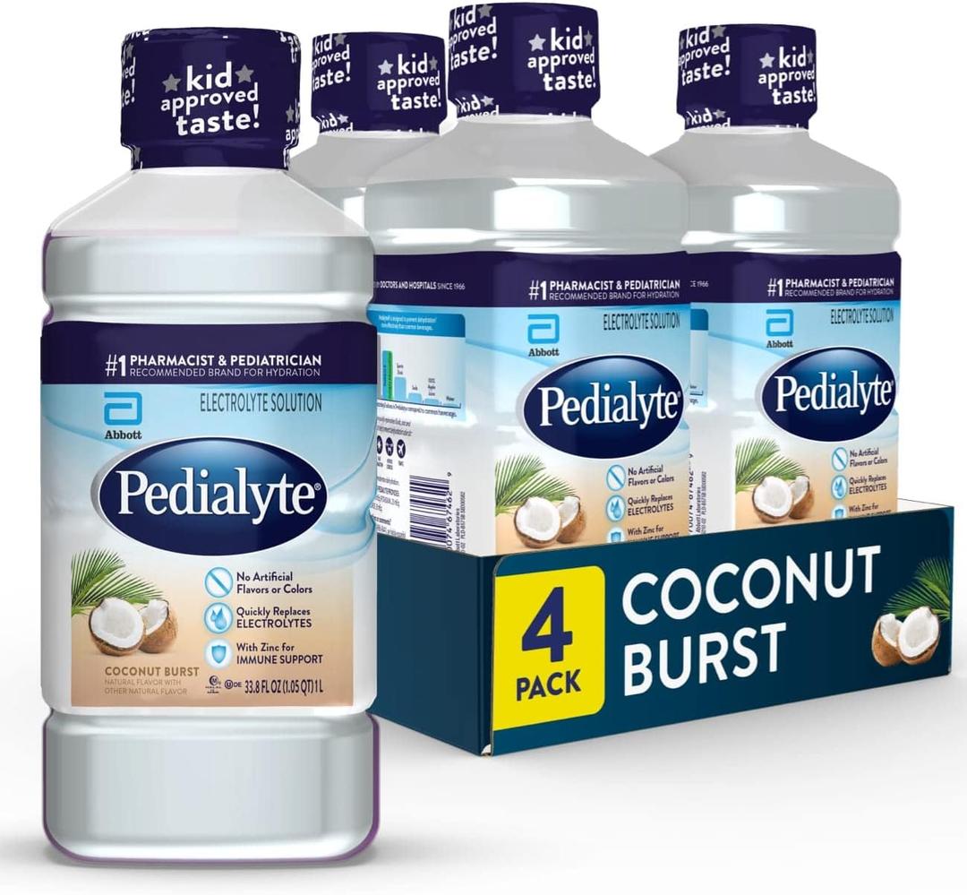 Pedialyte Electrolyte Drink, Hydration Drinks for Kids & Adults, Coconut Burst, 1 Liter, Pack of 4 (EXP 01/01/28)