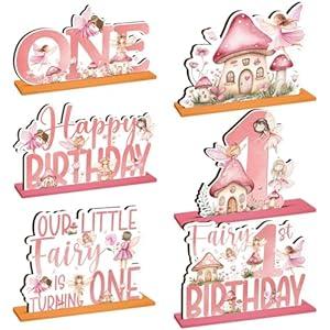 CroBlissful 6 Pcs Fairy First Birthday Decorations Wood Fairy Table Sign Decor Forest Baby Shower Centerpieces Flower Mushroom First Birthday Decoration Supplies Enchanted Party Table Topper