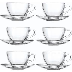 Glass Teacup and Saucer Set, 6 Pack Coffee Mug with Stainless Steel Spoon Suitable for Espresso Juice Cappuccino and More Beverage, 7OZ/210ML, Clear