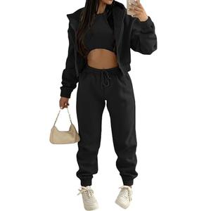 Akmipoem Women's 3 Piece Outfits Sweatsuit Tracksuit Matching Sets Full Zip Hoodie Sweatshirt Cropped Tank Tops Jogger Pants Black S