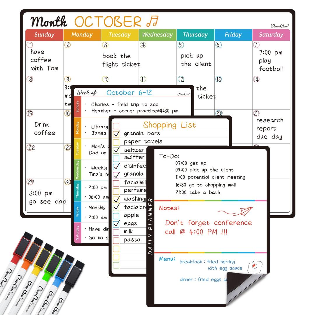 Magnetic Dry Erase Monthly Calendar Set - 14.5"x11" Monthly Calendar, 6.5"x8.5" Weekly, Daily, List Boards for Fridge - 6 Extra Fine Point Markers Included - Shipped Flat