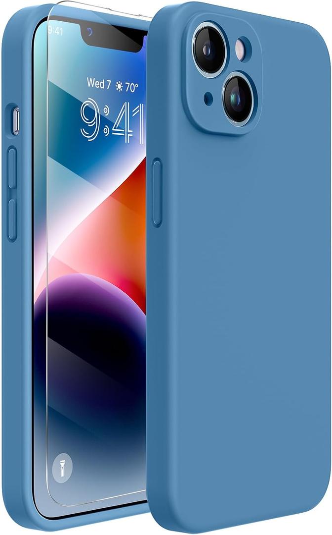 Miracase Designed for iPhone 14 Case with Screen Protector,[Upgraded Enhanced Camera Protection],Shockproof Liquid Silicone Case with Microfiber Lining, 6.1 inch,Capri Blue