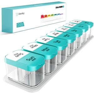 Daviky Large Weekly AM PM Pill Organizer - 7 Day, 2 Times a Day With Extra Large Compartments for Vitamins, Medicine, Supplements (Cyan)