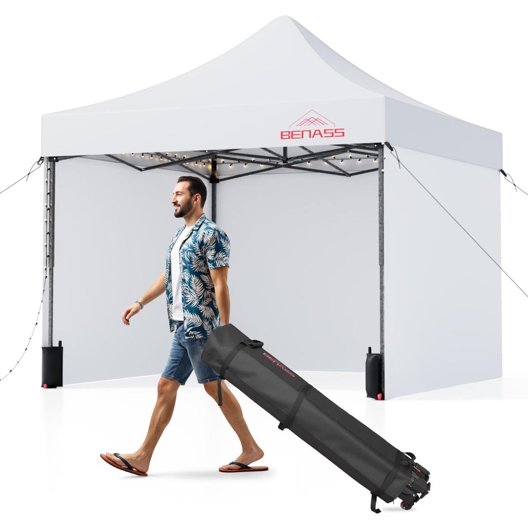 Benass 10x10 Heavy Duty Commercial Pop Up Canopy, Silver White