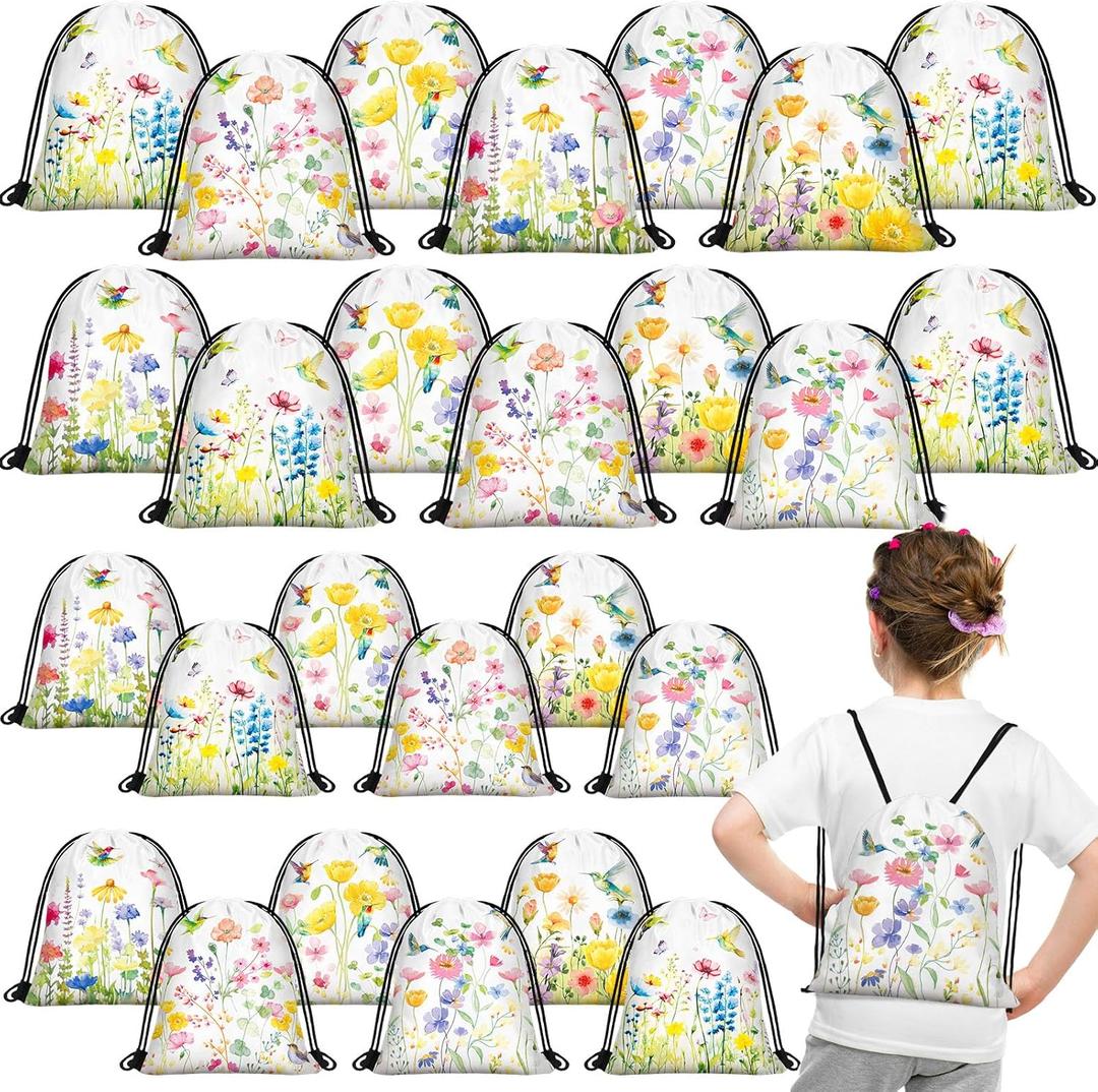 Lothee 30 Pcs Wildflower Party Favor Bags Floral Drawstring Bag Wildflower Birthday Party Decorations Floral Hummingbird Gift Goodie Treat Candy Backpacks for Baby Shower