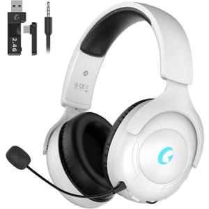 Wireless Gaming Headset for PS5/PS4,PC,Switch,Mac, 2.4GHz Gaming Headset with Mic, 45H Battery, Surround Sound, Noise Cancelling Over Ear Headphones Bluetooth 5.3, for Xbox Needs 3.5mm Cable - White
