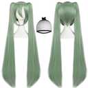JoneTing Light Green Wig+ Hair Cap Long Green Cosplay Wig with Double Ponytails Wigs for Women Long Gray Green Ponytail Hair for Anime Halloween Party Cosplay Costume Outfits