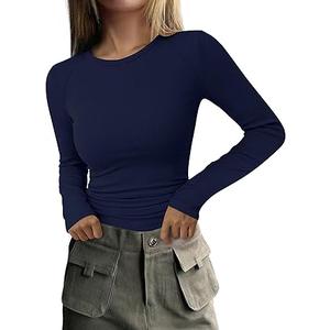 PRETTYGARDEN Long Sleeve Shirts for Women Fall Going Out Tops Casual Ribbed Knit Slim Fitted Basic Tees Y2K Spring Clothes (Navy Blue,Medium)
