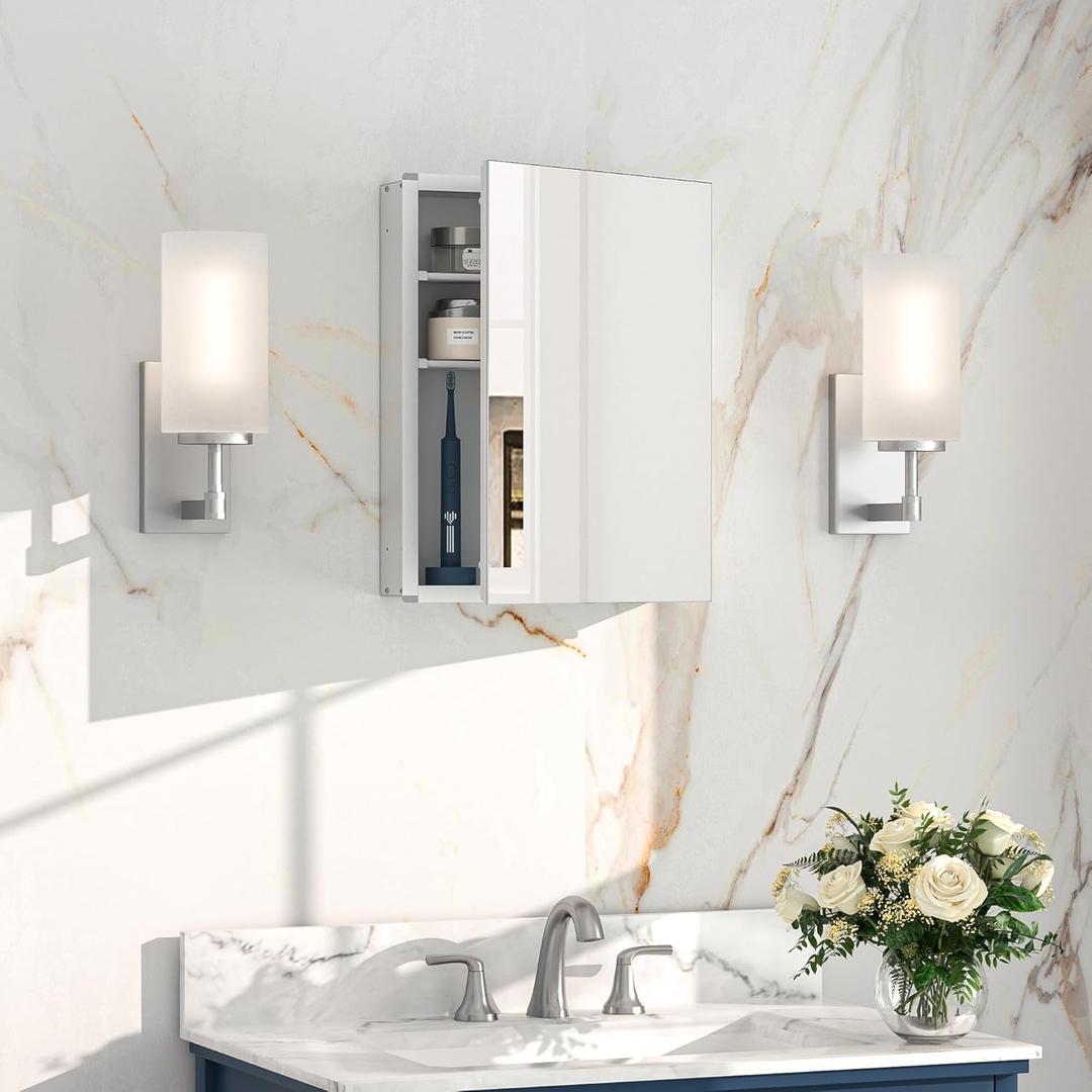 Keonjinn Medicine Cabinet 14 x 18 Inch, Assembly Needed, Bathroom Small Medicine Cabinets Mirror, Lightweight, Adjustable Shelves, Wall Mount or Recessed, Tempered Glass (Silver)