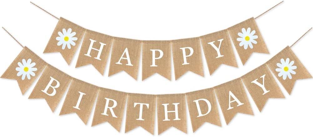 Daisy Themed Birthday Banner - Happy Spring Decoration with Flowers for Fireplace Mantle
