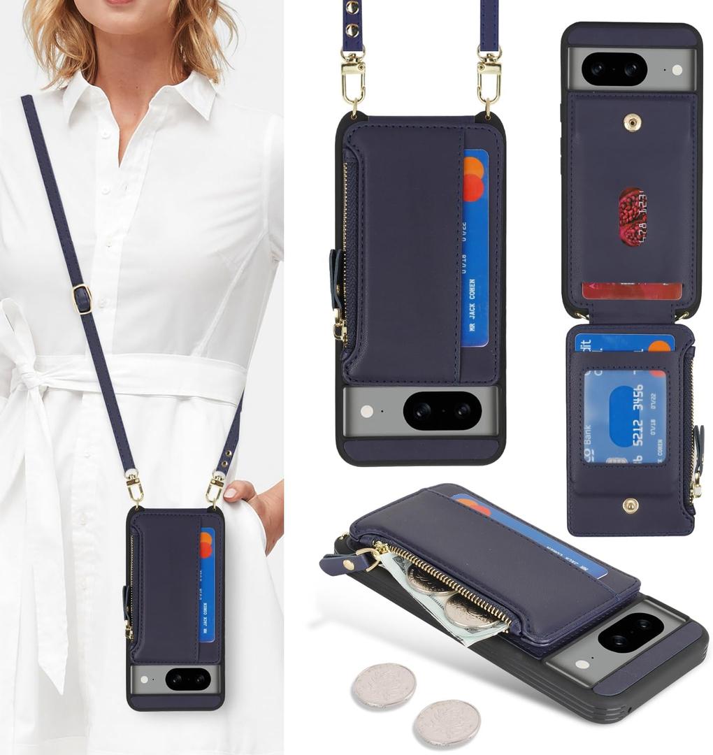 Cavor Compatible with Google Pixel 8 Case Wallet, Pixel 8 Crossbody Phone Case with Strap, Wallet Cover for Women,Leather Zipper Pocket Card Holder-Blue