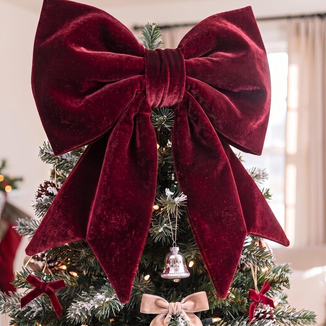 23"x15" Thick Large Velvet Bow for Christmas Tree Topper, Burgundy, 25 × 15 Inch